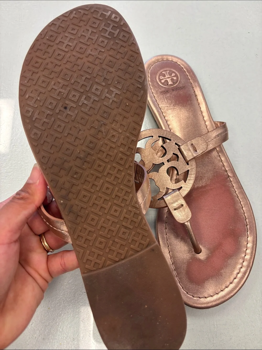 Tory Burch Rose Gold Leather Logo Sandals
